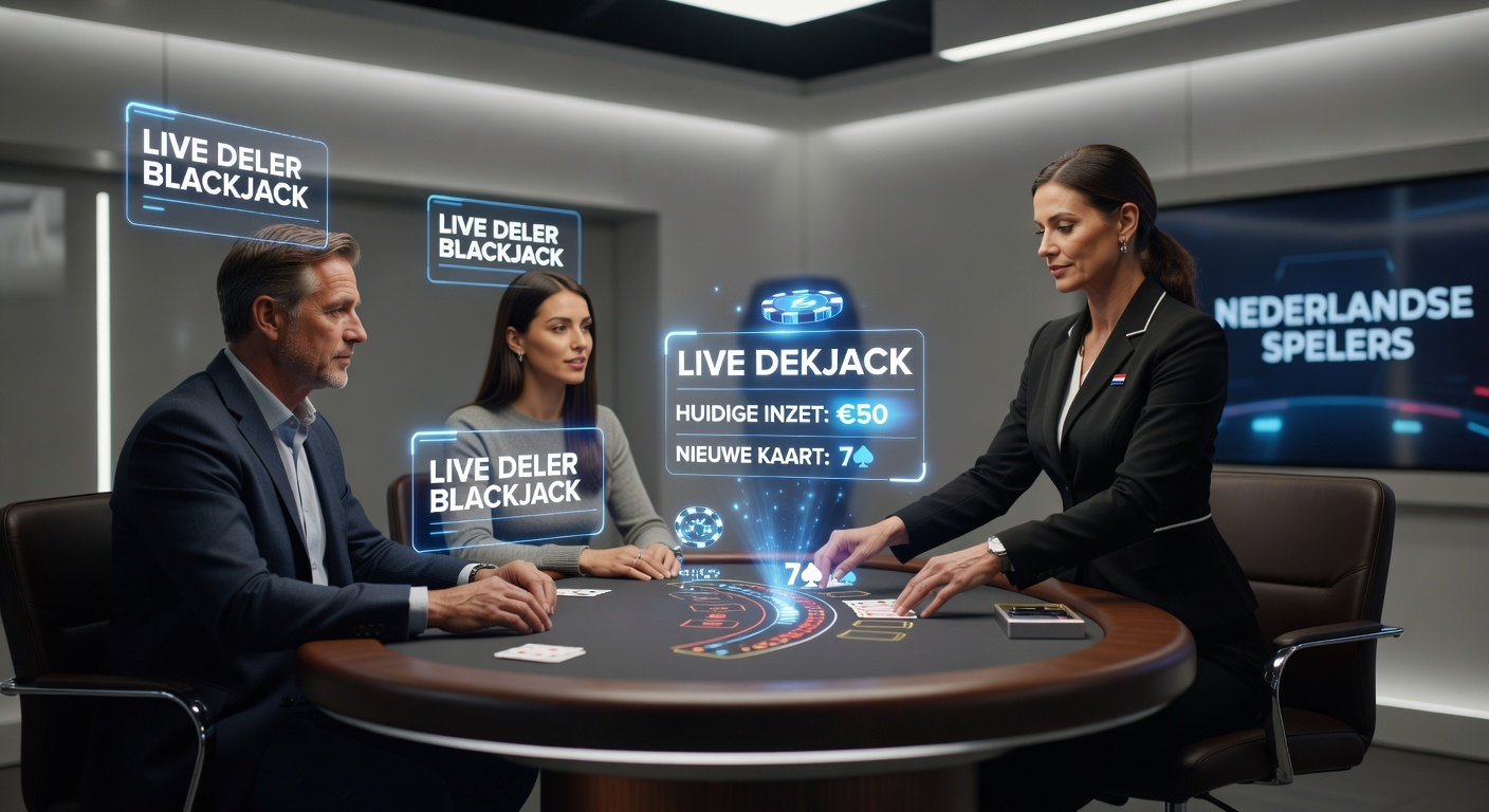 Live dealer blackjack tafel met AR-overlays die virtuele kaarten en statistieken projecteren op het scherm voor een Nederlandse speler