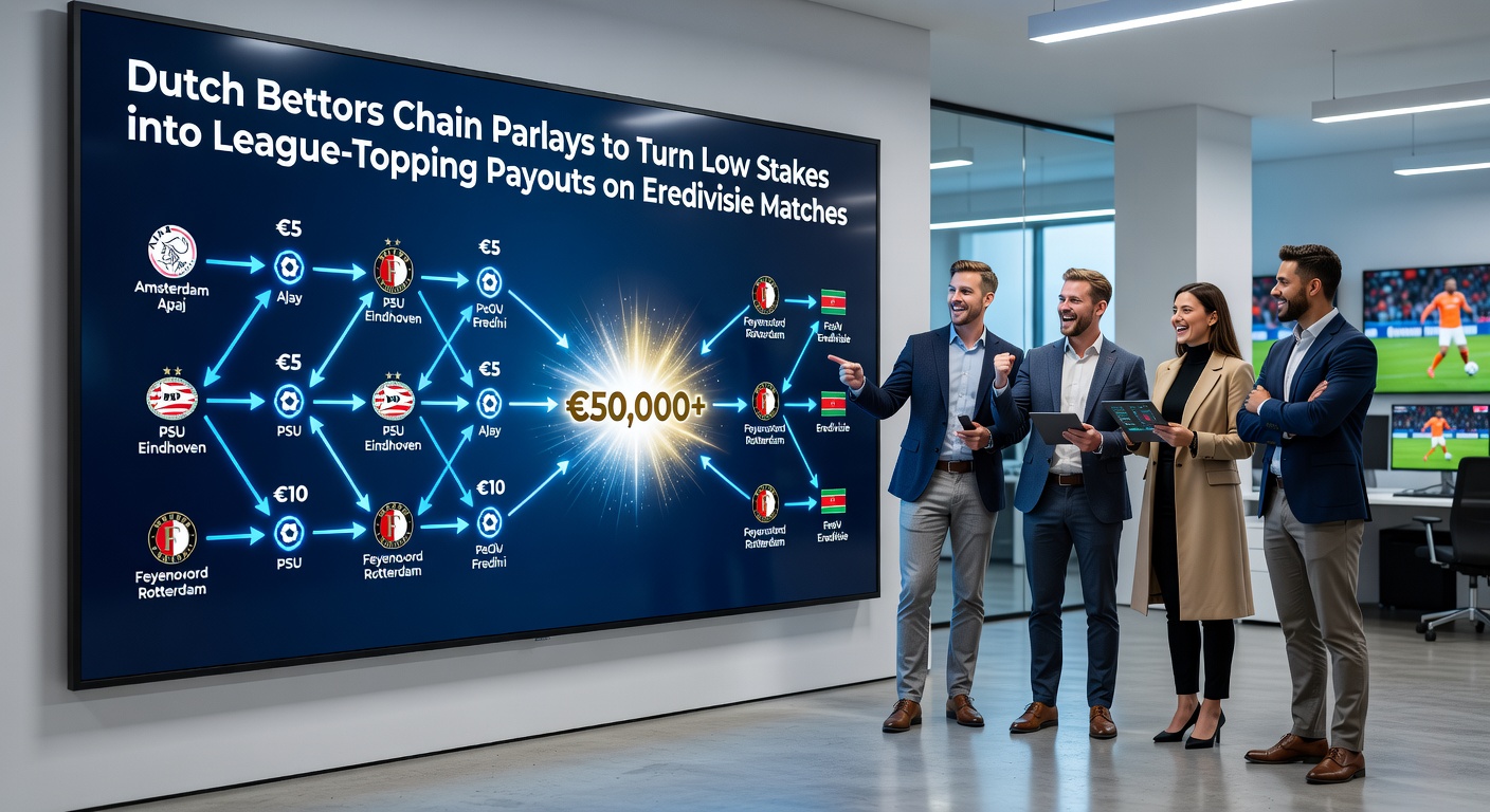 Een groep enthousiaste Nederlandse voetbalfans viert een accumulator-winst tijdens een Eredivisie-wedstrijd, met smartphones in de hand en confetti in de lucht