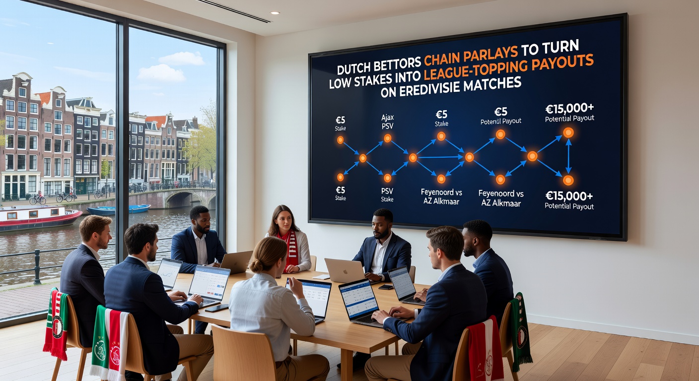 Grafiek met stijgende lijn van accumulator-payouts in de Eredivisie, naast een screenshot van een succesvolle parlay-keten op een Nederlands betting platform