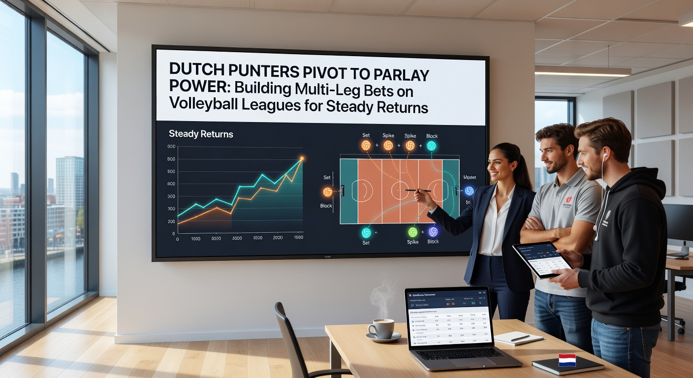 Nederlandse weddelaars analyseren volleybalwedstrijden voor parlay-bets, met grafieken van odds en league-statistieken op schermen