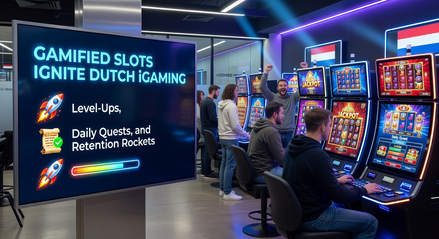 Schermafbeelding van een gamified slot met level-up balk, quests en beloningen in een Nederlands online casino