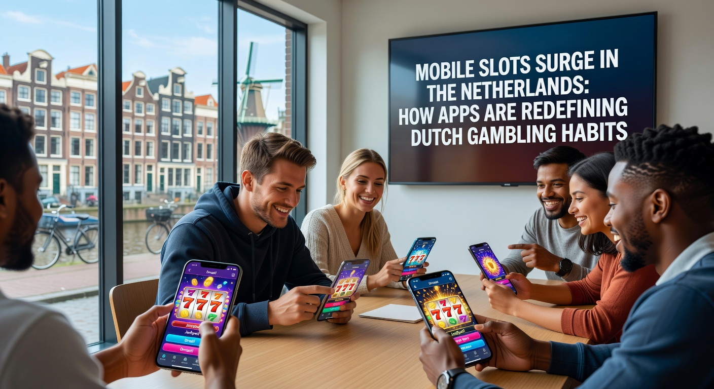 Grafiek met stijgende lijnen van mobile slot-spelers in Nederland, naast een app-interface met draaiende rollen