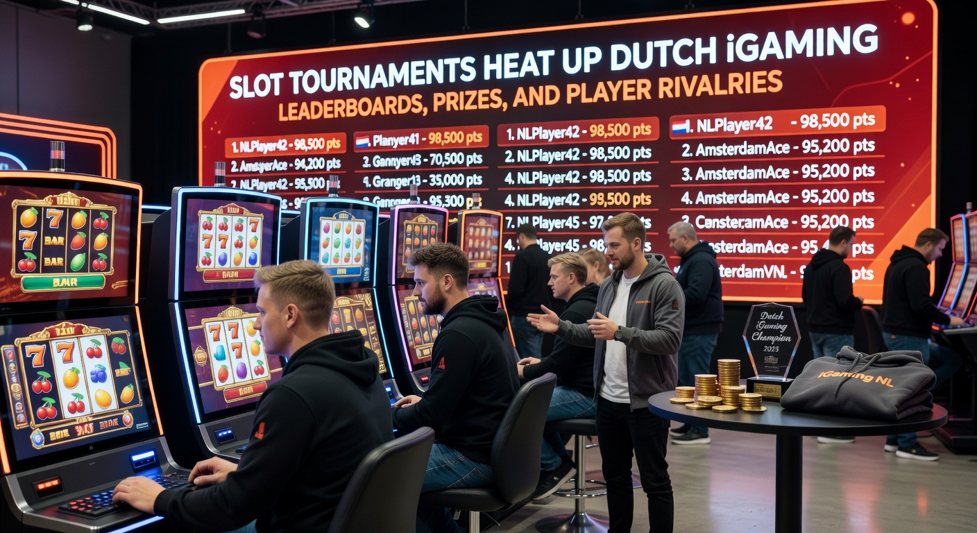 Trofee met geldprijzen en luxe gadgets op een slottoernooi-podium, symboliserend de aantrekkingskracht van Nederlandse iGaming-toernooien