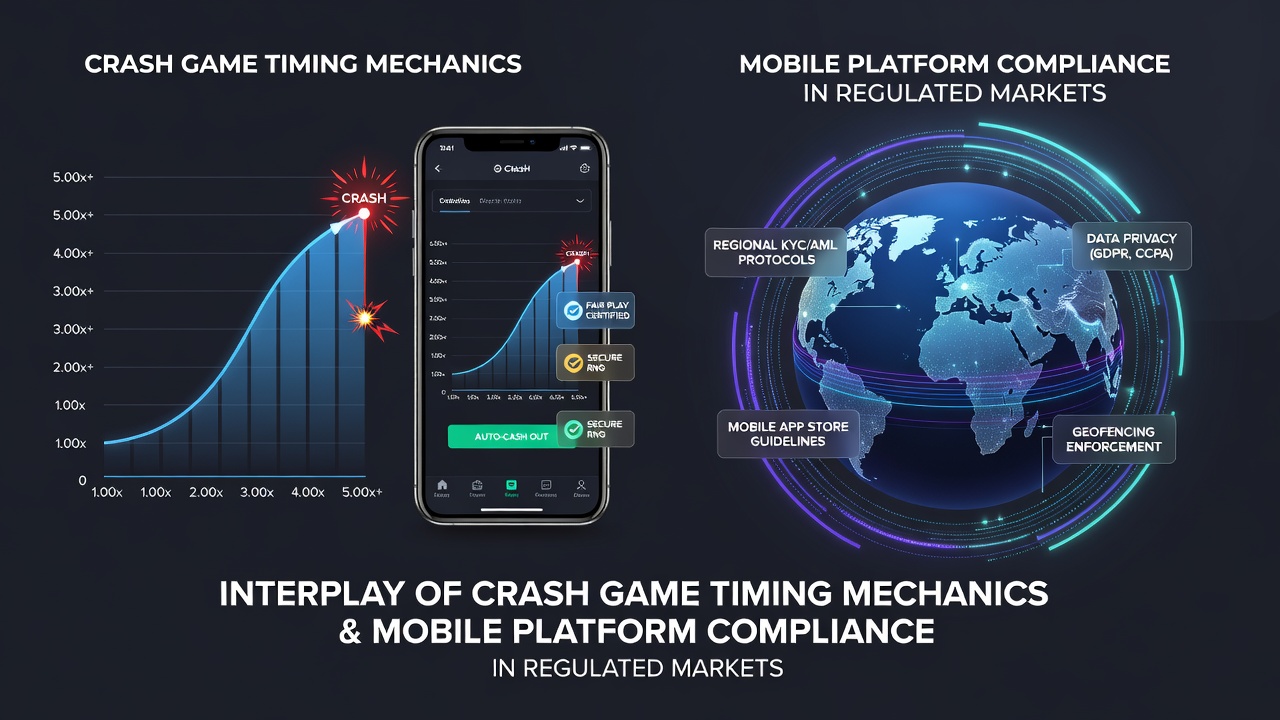 Mobiele app interface met crash game en compliance indicatoren