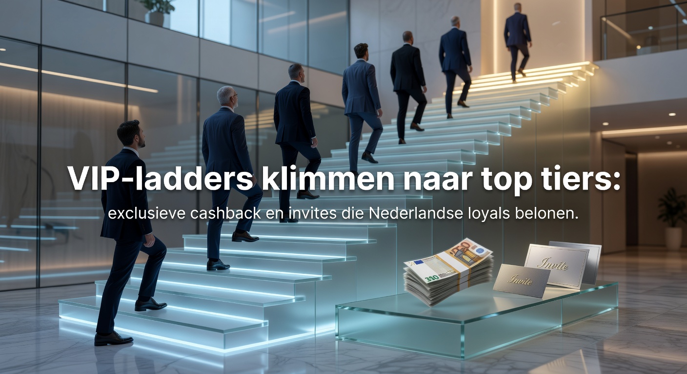 Grafische weergave van een VIP-ladder met tiers, cashback iconen en exclusieve invites voor Nederlandse spelers