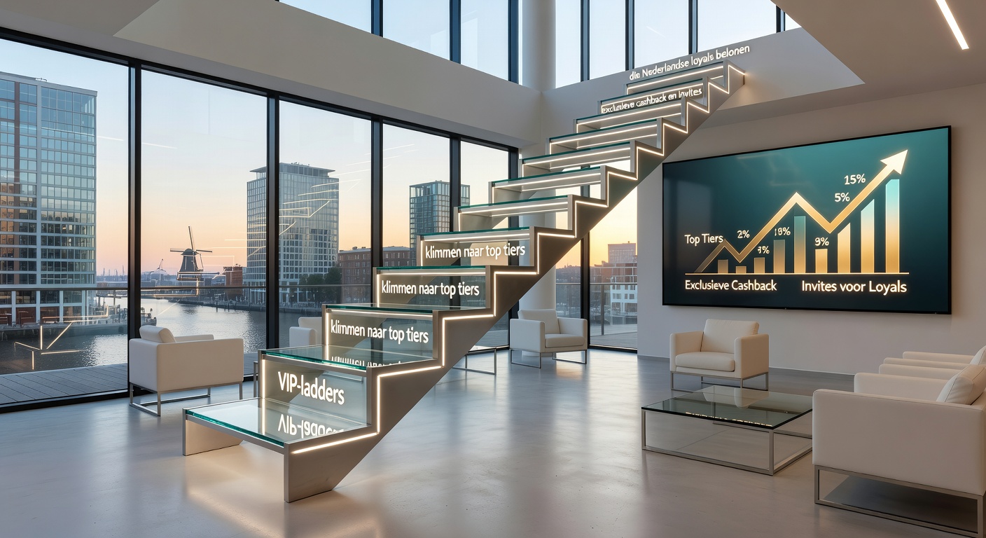 Illustratie van cashback percentages op een VIP-ladder, met stijgende tiers en Nederlandse vlag voor lokale relevantie