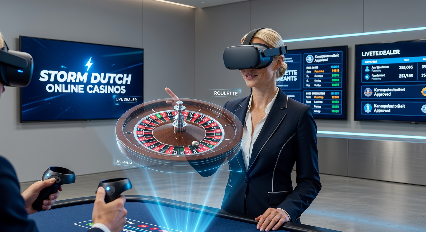 Virtuele realiteit live dealer aan een blackjacktafel in een Nederlands online casino, met spelers die interactief deelnemen via VR-brillen